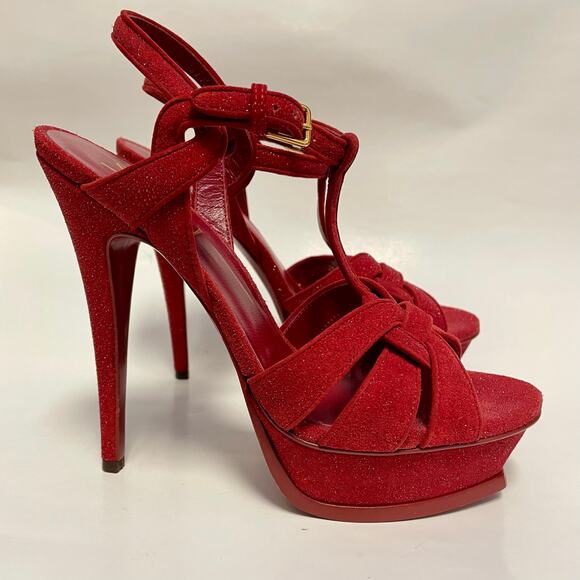 SAINT LAURENT YSL Tribute Platform Heels Red Suede Quartz Glitter EU 38.5/US 8.5 - Picture 1 of 11